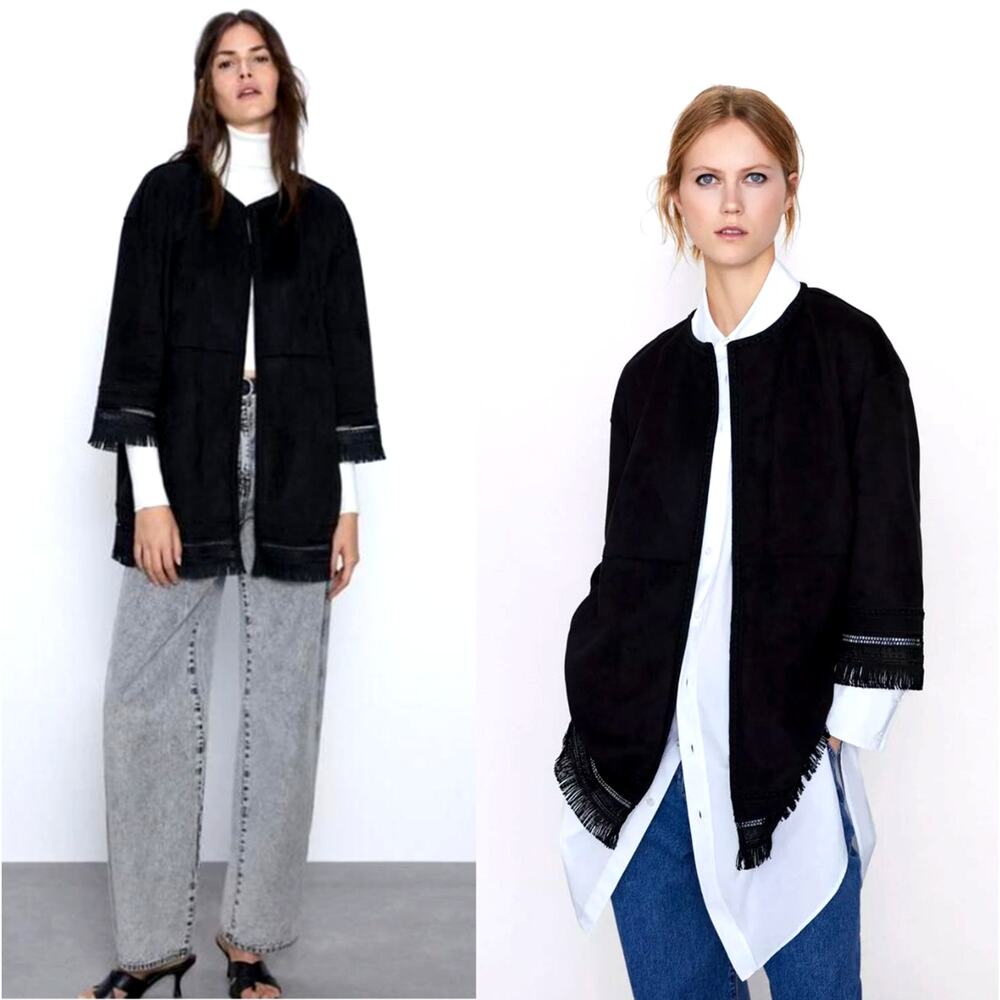 Zara XL Oversized Bohemian Fringe Faux Suede Kimono Jacket $149 Black 14 16 18